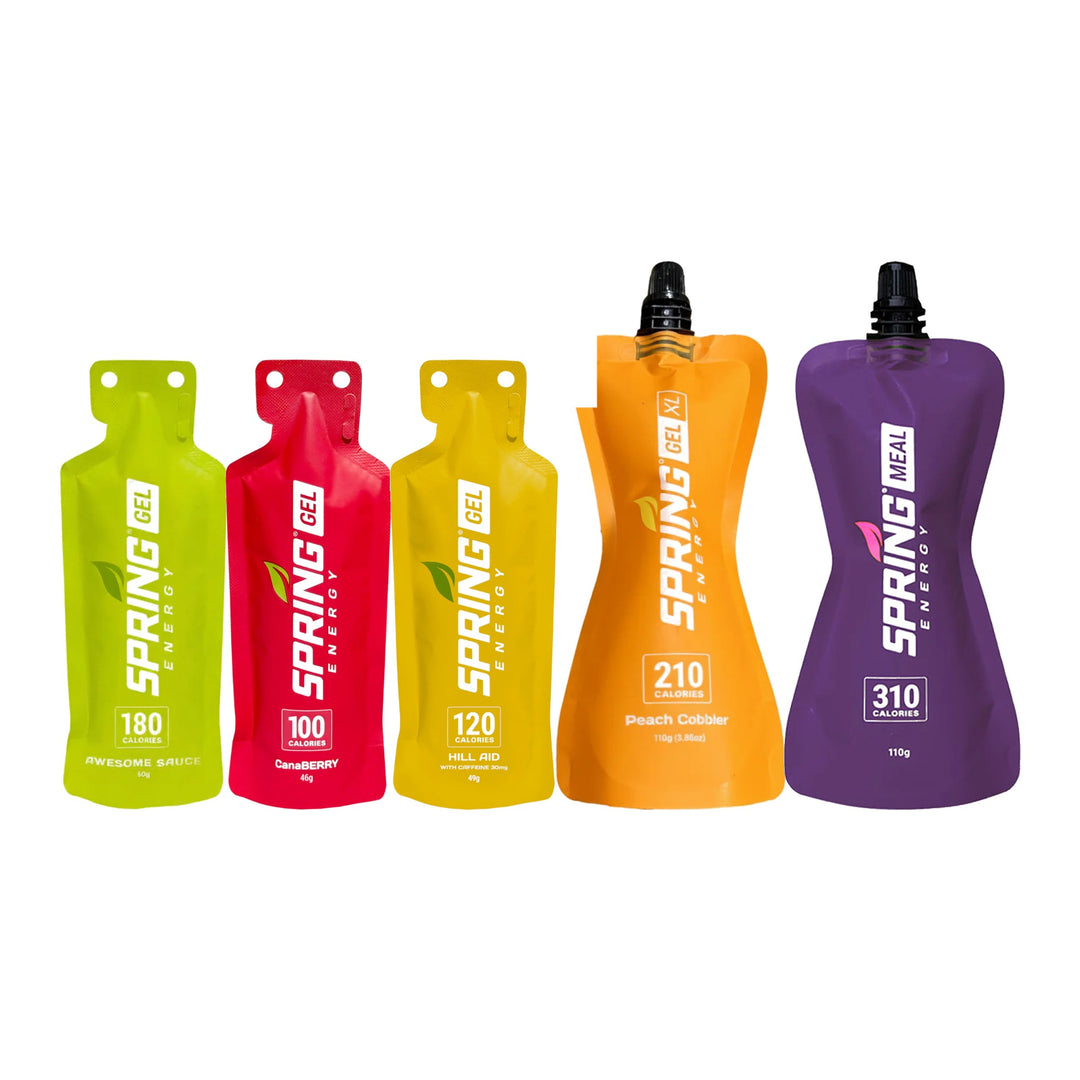 Spring Energy Bestseller Sampler - Awesome Sauce, Canaberry and Hill Aid gels, Peach Cobbler Gel XL and Blueberry Endurance Meal