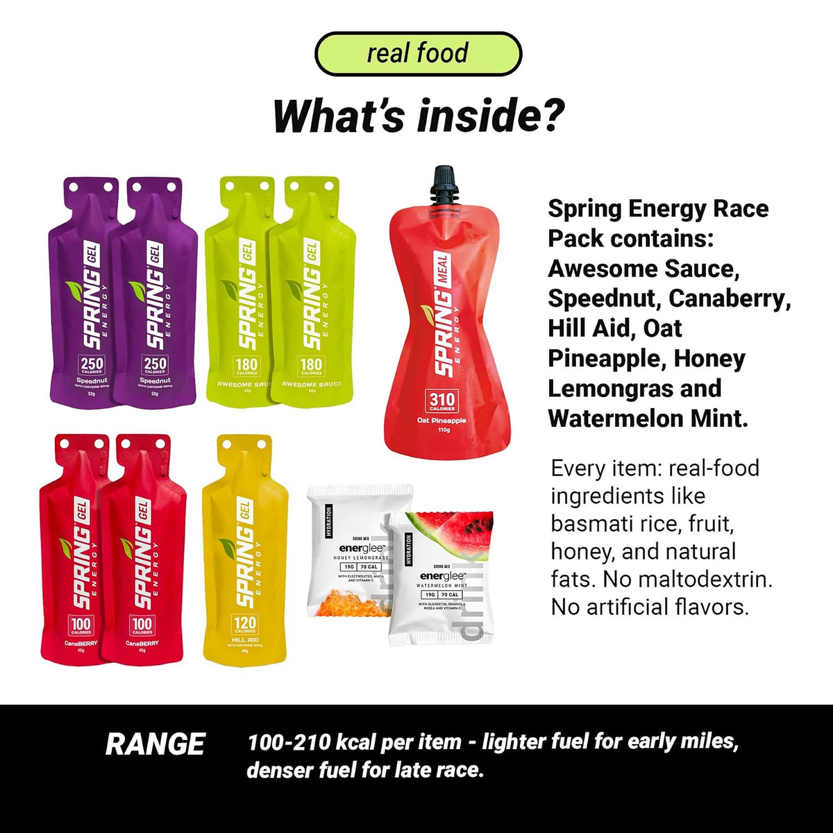 Spring Energy 10-piece Race Pack contents: 2 Speednut, 2 Awesome Sauce, 2 Canaberry, 1 Hill Aid, 1 Oat Pineapple Endurance Meal, Honey Lemongrass and Watermelon Mint hydration mixes